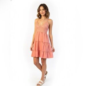 Vanilla Bay Coral Pink Crochet Tiered Mini Dress